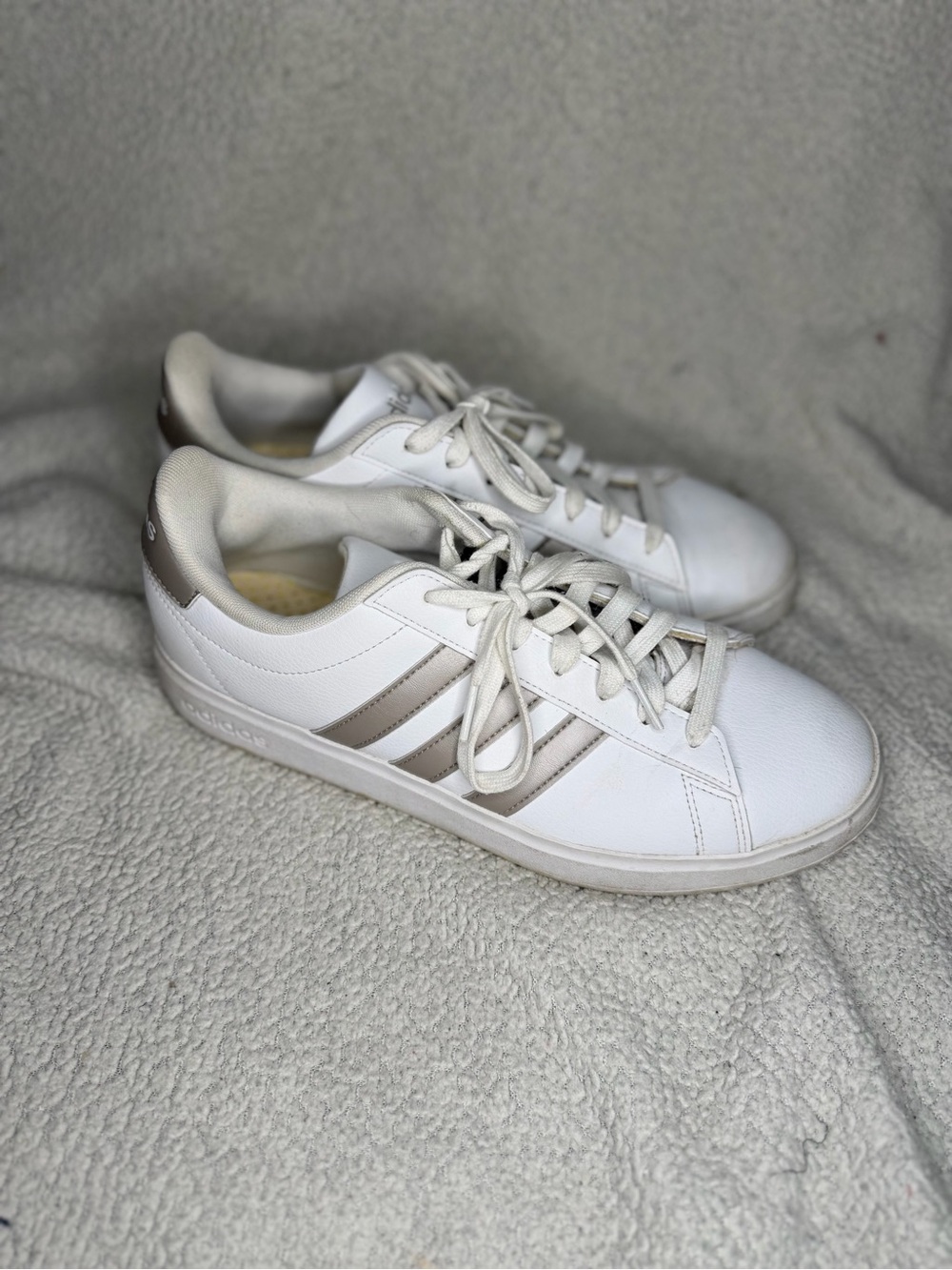 adidas Women's White Sneakers with Metallic Taupe Stripes